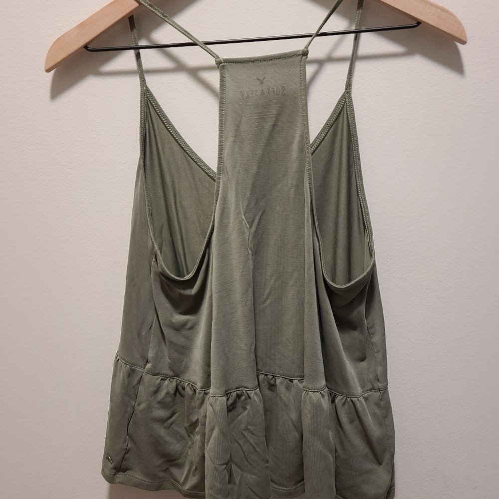 Olive/Sage Green Vneck Tank Top S American Eagle Soft & Sexy Peplum - Picture 6 of 16
